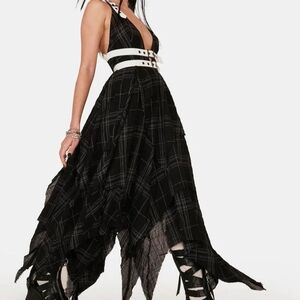 Dolls Kill Darker-Waves Black Plaid Halter Dress with White Stitching